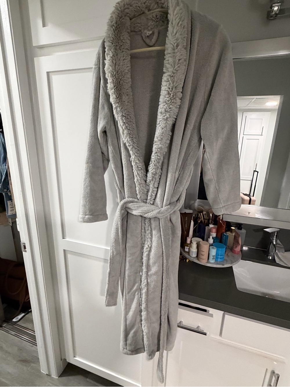 Pottery Barn Cozy Plush Shawl Collar Bathrobe - Light Gray